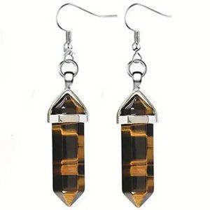 Tiger Eye Natural Stone Gemstone Handmade Hexagon Point Dangle Earrings